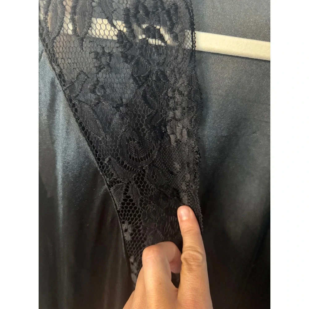 Vintage Black Lace Trim Long Duster Robe Sheer Mesh Open Romantic Goth L?